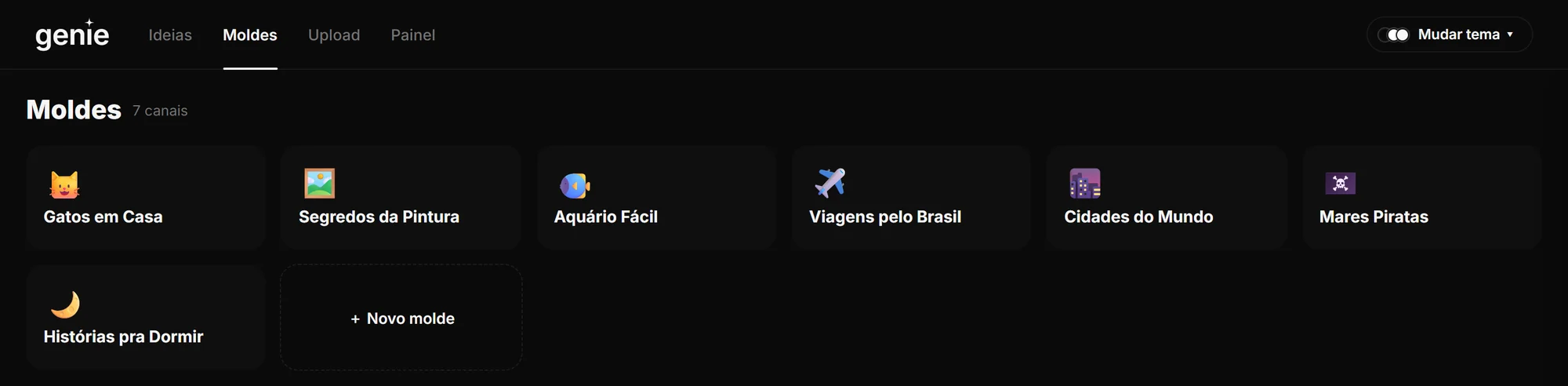 Aba Moldes: seis canais, cada um com a sua ficha